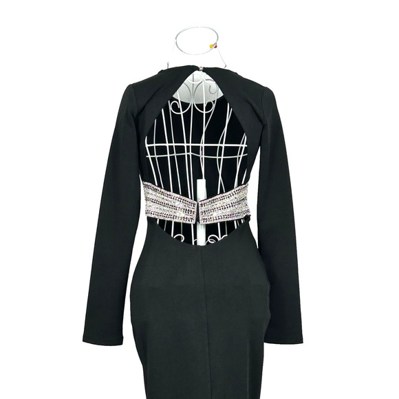 AGACI Dress Womens M Black Long Sleeve Cutout Knee Length Rhinestone Back Belt - Picture 4 of 10
